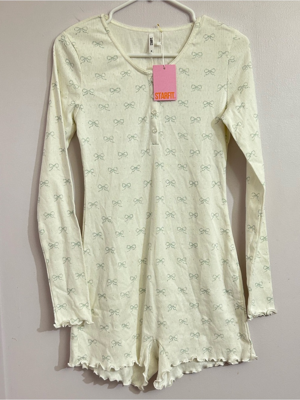STARFIT White Blue Bow Cotton Pajama Romper Small